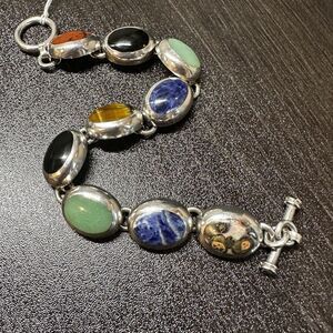 Vintage TAXCO Multi-stone cabochon and sterling silver bracelet!